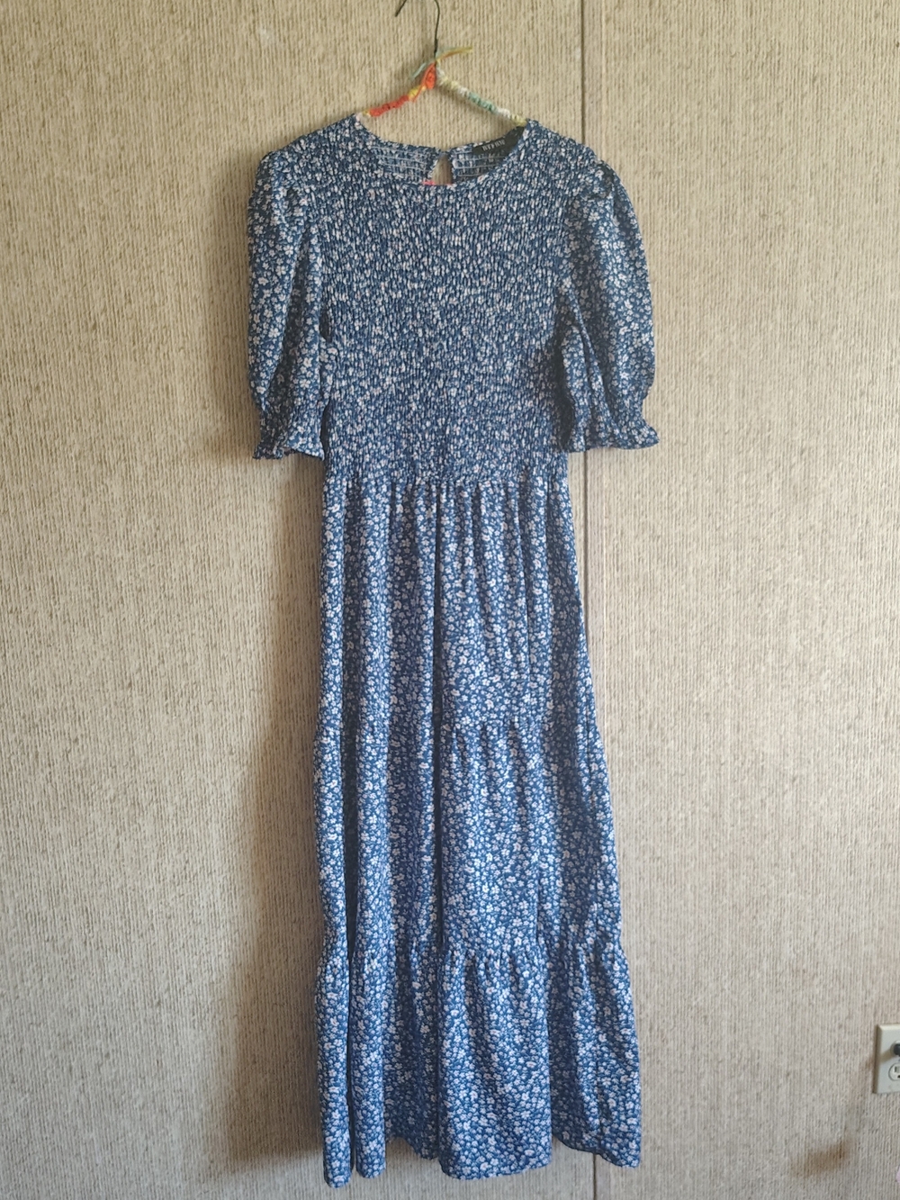 BTFBM Blue Floral Maxi Dress w/ Puff Sleeves, Tiered Skirt, Smocked Bodice, Sz L